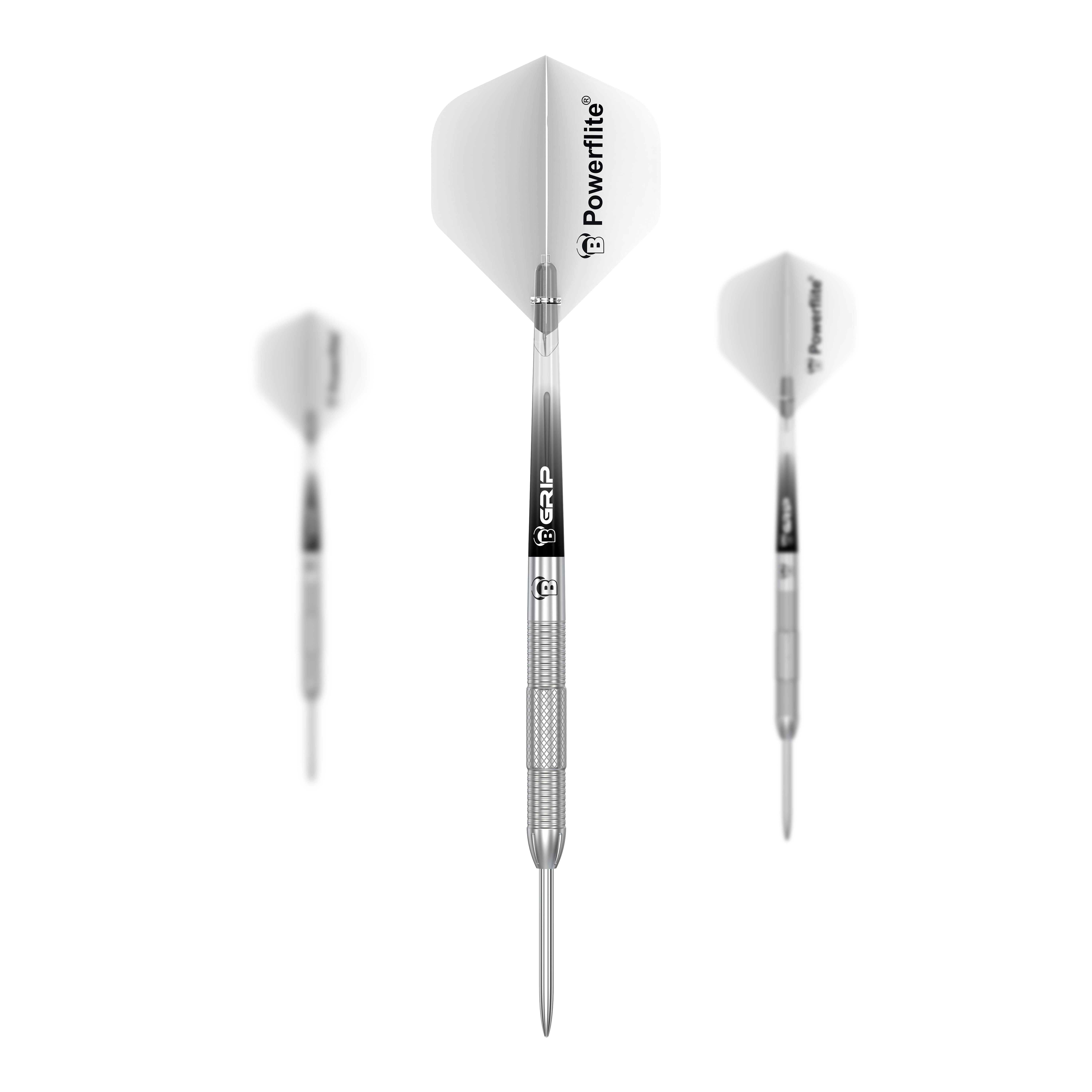 Das Bild zeigt drei Steeldarts des Modells "Bulls Challenger Sascha Stuhlemmer - 23g". Die Darts sind silberfarben mit weißen Flights, auf denen "Powerflite" steht.